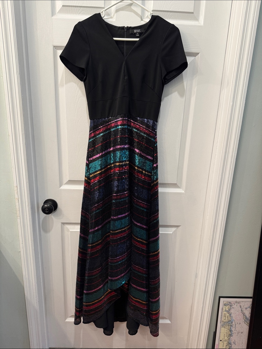 Badgley Mischka Black Bodice with Multi-Color Sequin High-Low Gown